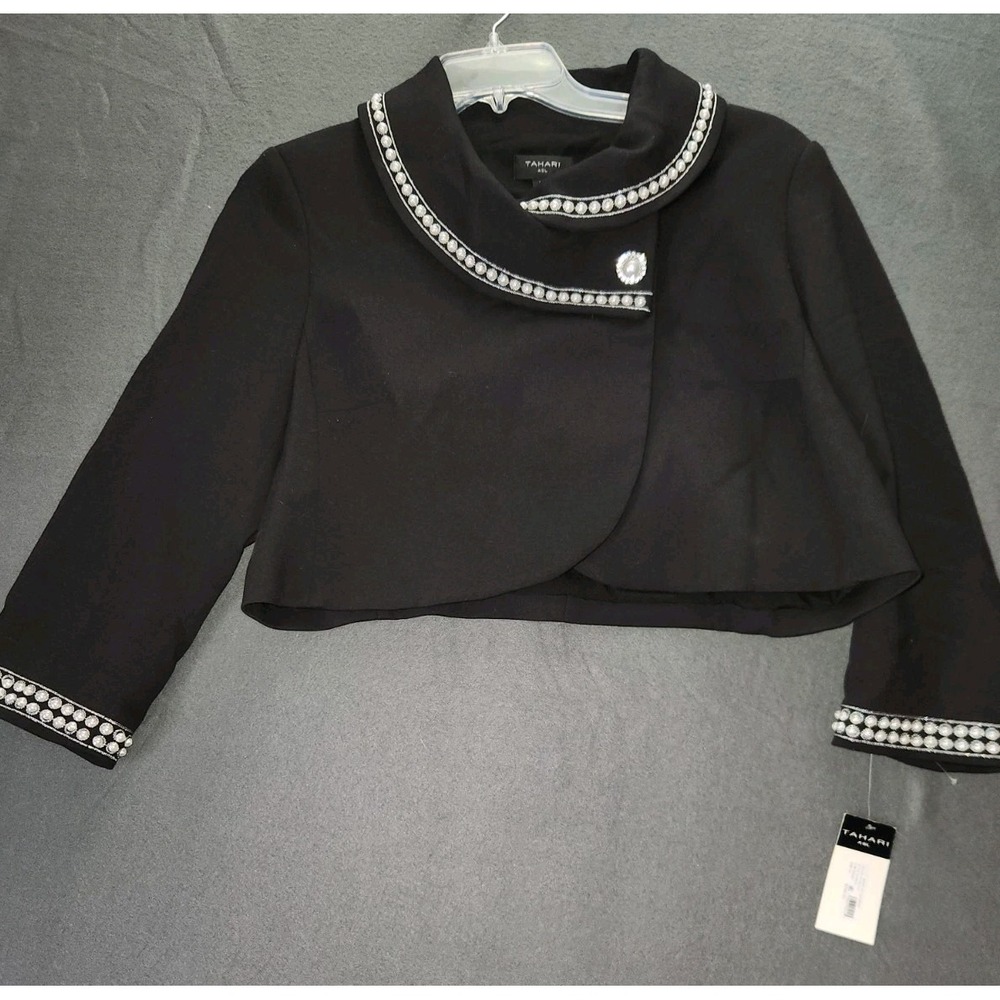 Tahari ASL Jacket 14‎ Black Cocktail Party Pearl Beads Cropped Blazer NWT $249